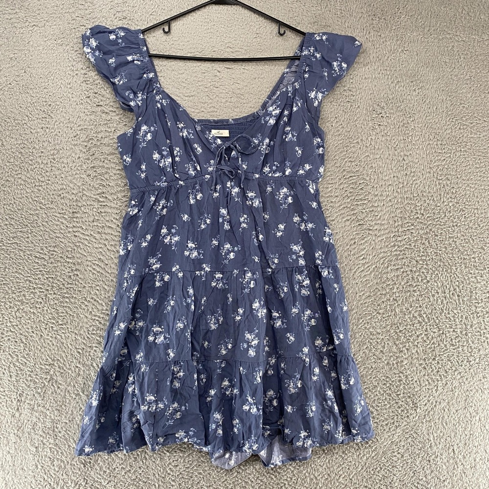 Hollister‎ Babydoll Dress Womens XL Blue Floral Flutter Smocked Y2K Milkmaid